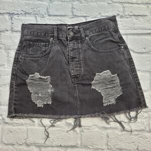 Forever 21 Distressed Frayed Black Denim Skirt size 29 Button Fly Raw Hem
